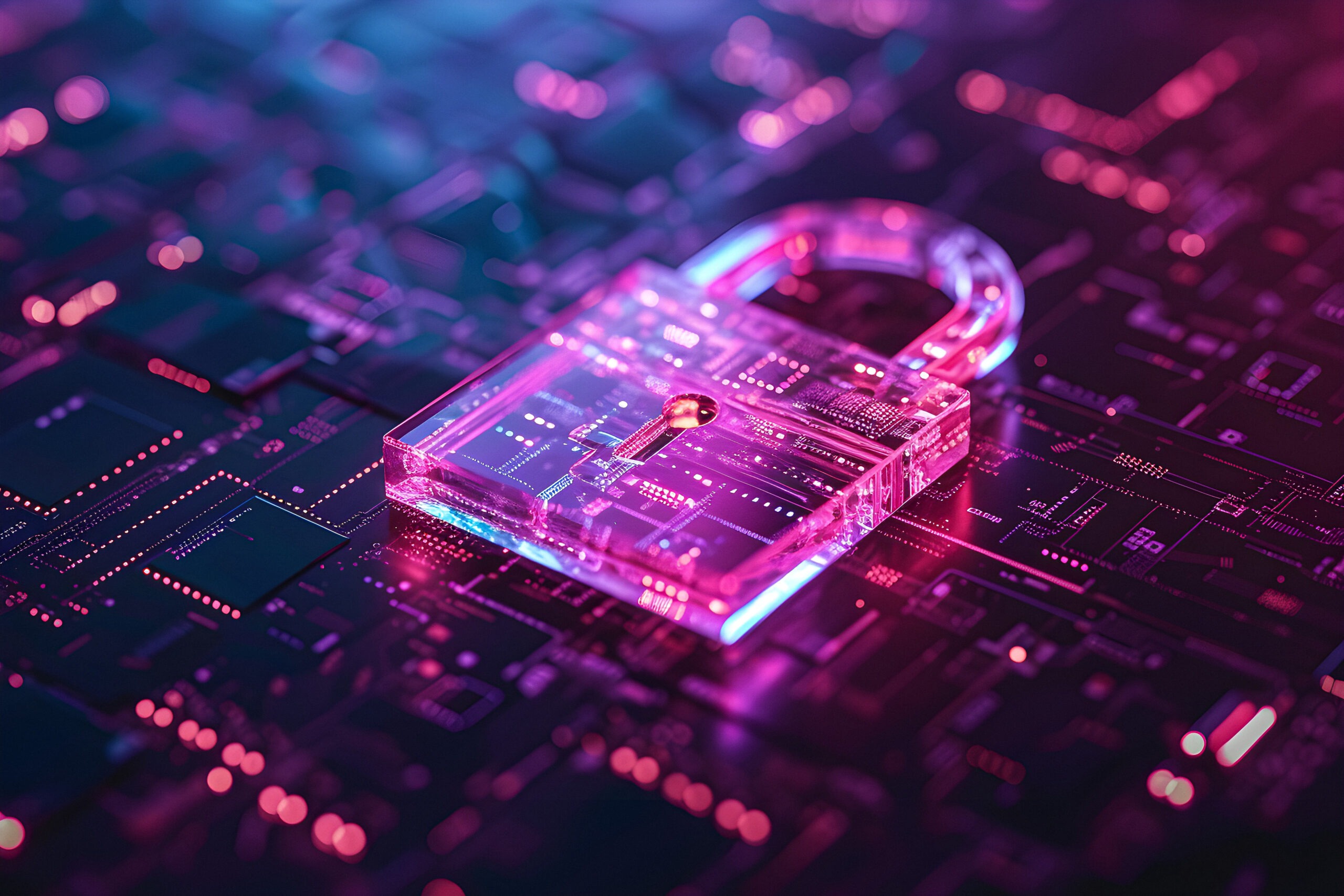 A glowing pink and purple transparent padlock on a futuristic digital circuit board, symbolizing the concept of "cracking the code" for overcoming industrial marketing challenges through innovative strategies and secure, data-driven solutions.