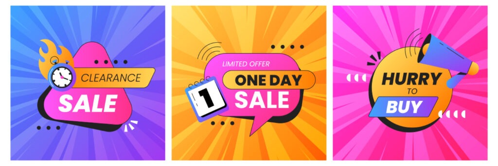 Examples of businesses who have used scarcity marketing strategies, featuring vibrant promotional graphics with phrases like 'Clearance Sale,' 'Limited Offer One Day Sale,' and 'Hurry to Buy.