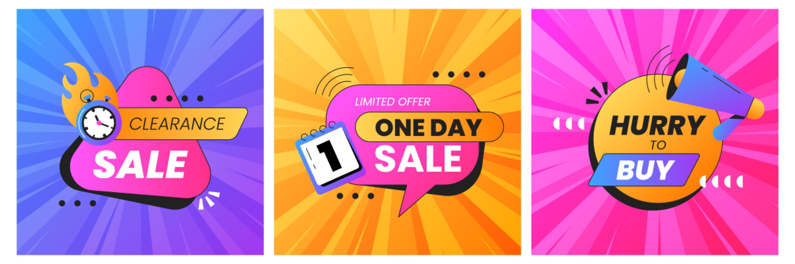 Examples of businesses who have used scarcity marketing strategies, featuring vibrant promotional graphics with phrases like 'Clearance Sale,' 'Limited Offer One Day Sale,' and 'Hurry to Buy.